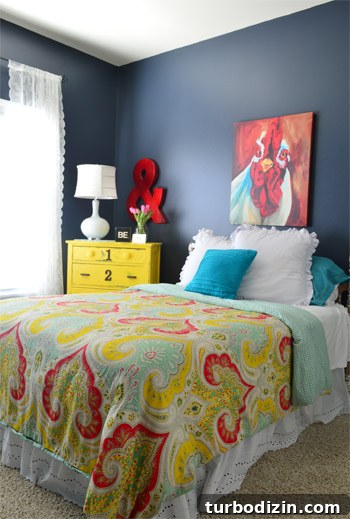 House Crashing: Joyful and Carefree Party Crashers 5 Fun Bedroom With Paisley Bedspread and Yellow Dresser