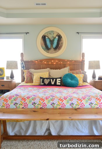House Crashing: Joyful and Carefree Party Crashers 8 Large Bed With Funky Pillows And String Lights On Headboard