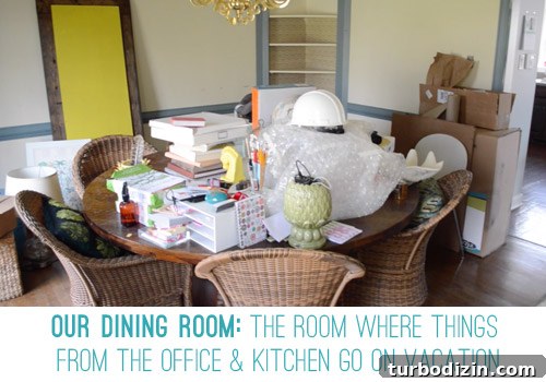 Inside a Real Messy House Tour: 2014 Home Before Cleanup 4 Dining Room Cluttered With Objects Moved Out Of Office and Kitchen During Projects