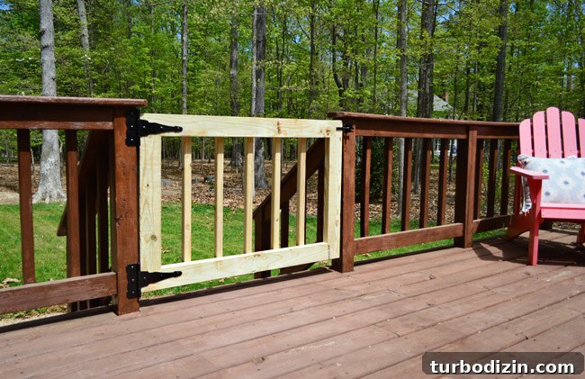 Finished DIY Deck Gate Added To Fence With Raw Wood Pressure Treated Pine