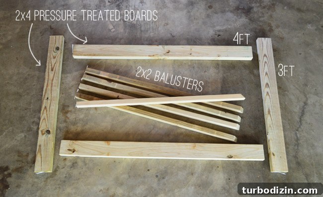 Wood Materials Laid Out For Construction of Deck Gate | 2x4 Pressure Treated Boards | 2x2 Balusters