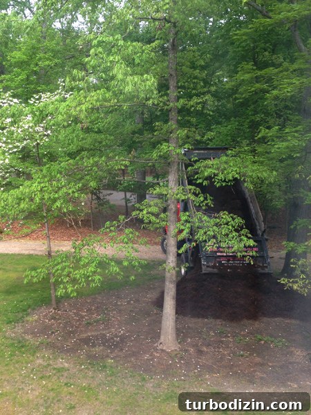 Create Mulch Planting Beds: Step-by-Step Guide for Lush Gardens 4 Mulch Dump Truck Dumping Pile Of Mulch In Front Of Home