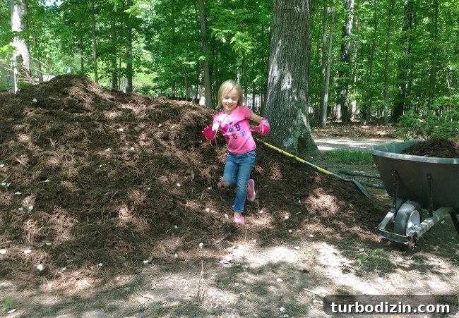 Create Mulch Planting Beds: Step-by-Step Guide for Lush Gardens 5 Little Girl With Garden Gloves Playing In Large Mulch Bed Next To Wheelbarrow