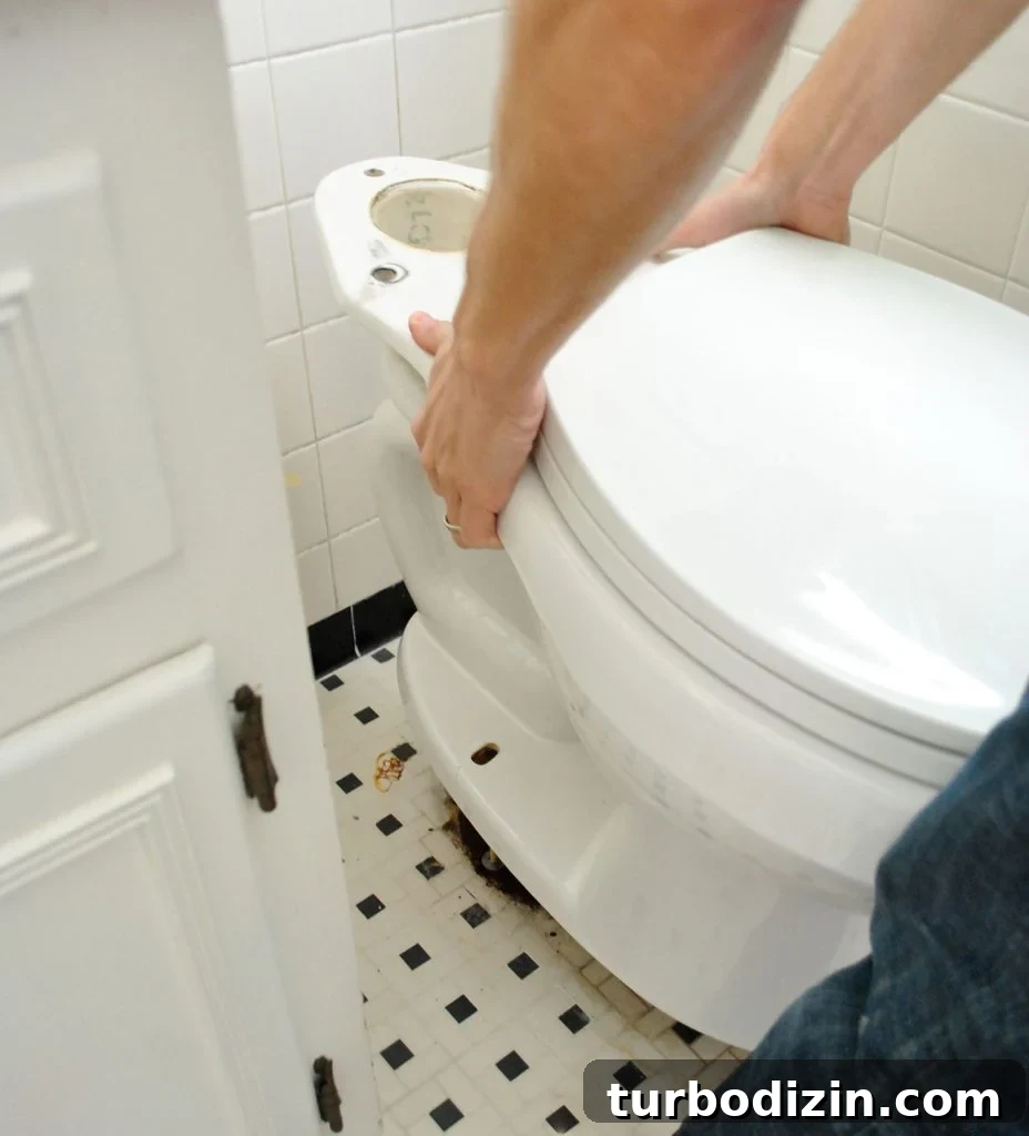 John Placing New Toilet Bowl Onto Ground