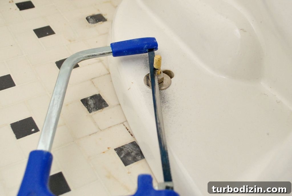 Hacksaw Removing Excess Bolt Length On New Toilet