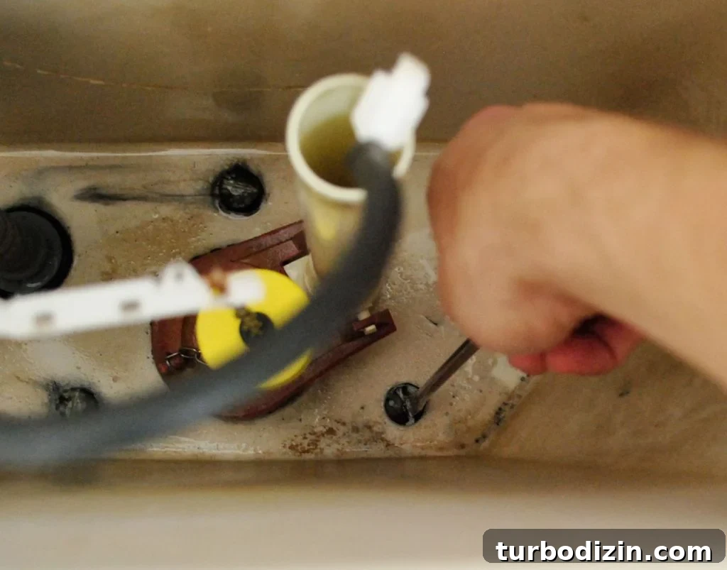 Hand With Screwdriver Adjusting Bolts In Toilet Tank