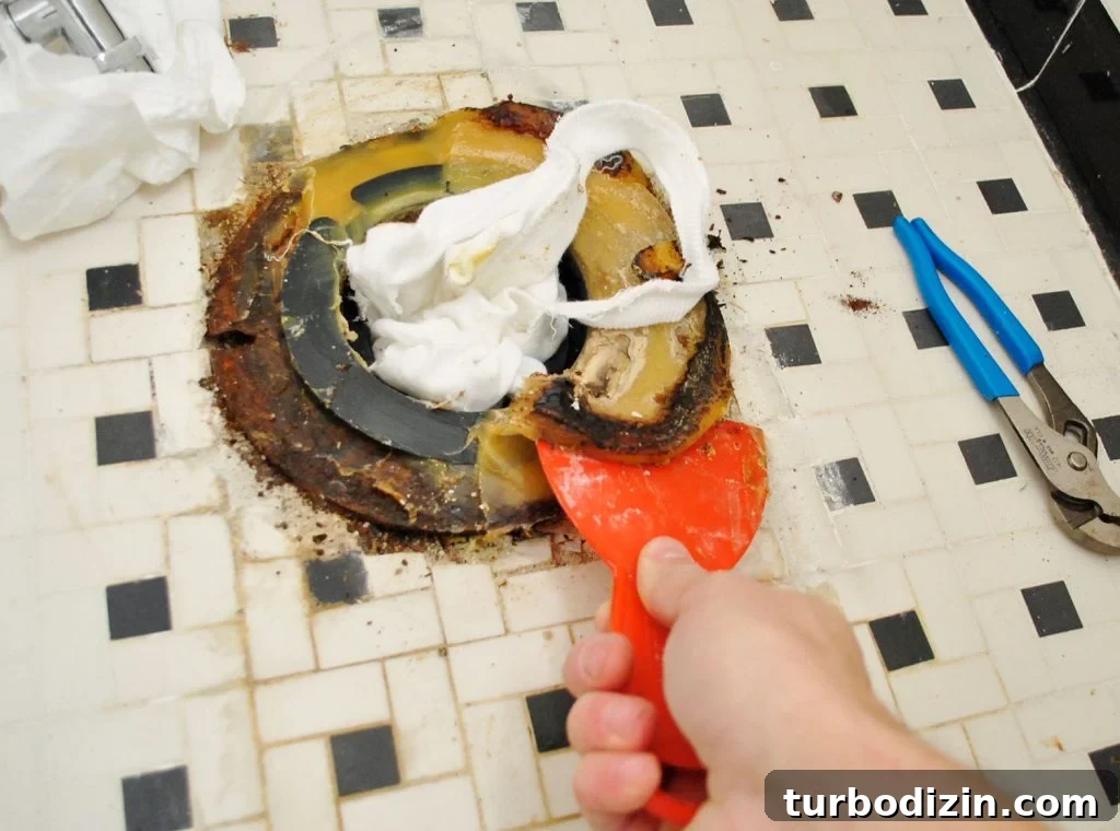 Scraping Old Wax Ring From Bathroom Floor During Toilet Installation