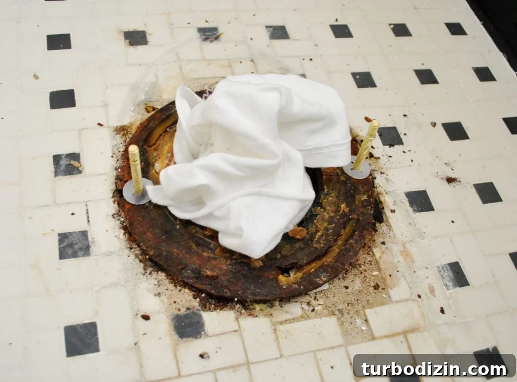New Bolts On Toilet Flange With Rag In Sewer Hole