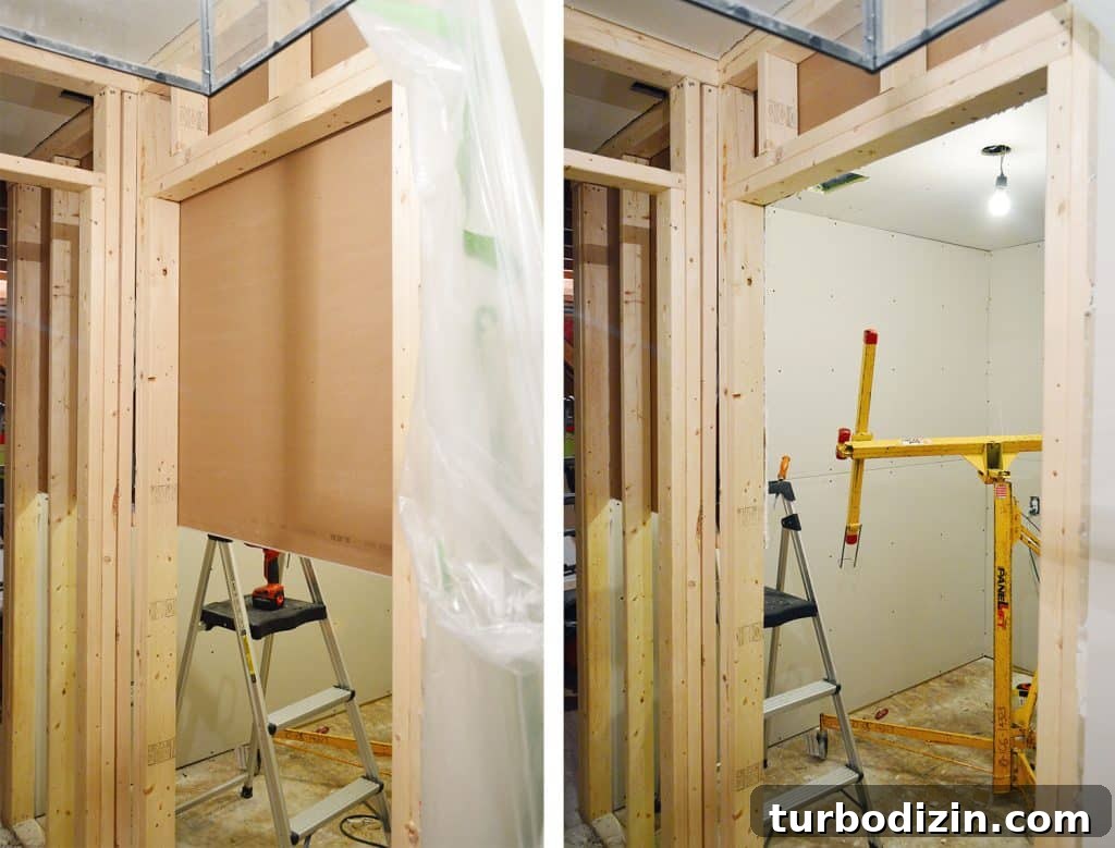 How to Hang Drywall Solo: A Step-by-Step Guide for DIYers 16 Side by Side of hanging drywall over doorway with piece cut out