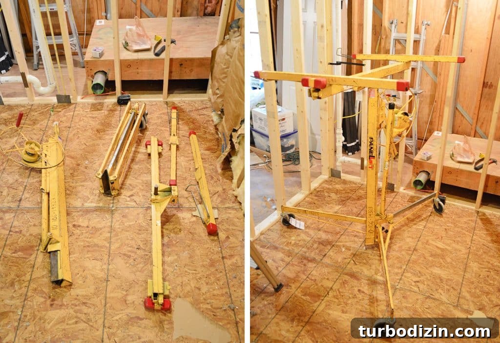 How to Hang Drywall Solo: A Step-by-Step Guide for DIYers 4 Drywall lift rented from Home Depot for holding sheetrock in place during installation