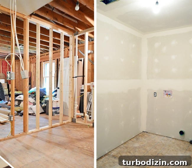 Drywall Taping, Mudding, and Sanding: Step-by-Step Guide 3 before and after of room without drywall and with finished drywall
