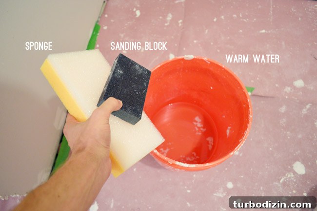 Drywall Taping, Mudding, and Sanding: Step-by-Step Guide 29 materials for wet sanding drywall sponge sanding block bucket of warm water