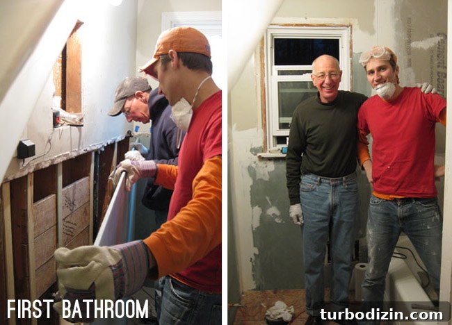 Drywall Taping, Mudding, and Sanding: Step-by-Step Guide 4 father and son installing drywall in old house's bathroom