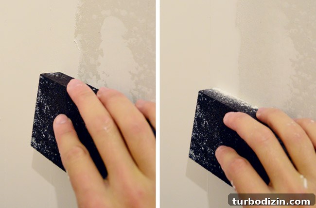 Drywall Taping, Mudding, and Sanding: Step-by-Step Guide 32 rubbing wet sanding block on drywall mud to smooth