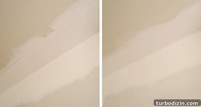 Drywall Taping, Mudding, and Sanding: Step-by-Step Guide 34 before and after side by side of rough drywall mud sanded smooth
