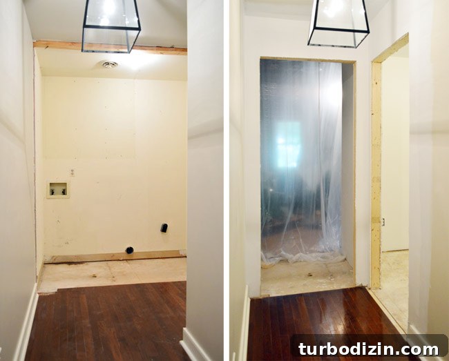 Drywall Taping, Mudding, and Sanding: Step-by-Step Guide 39 before and after side by side of old laundry room and new drywalled doorway