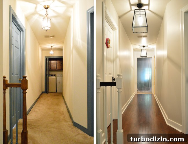Drywall Taping, Mudding, and Sanding: Step-by-Step Guide 40 before and after side by side of hallway with new doorway at the end