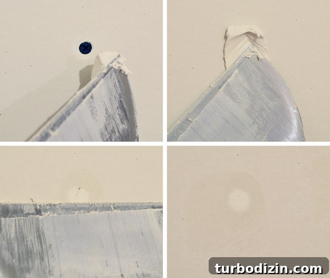 Drywall Taping, Mudding, and Sanding: Step-by-Step Guide 7 grid of mud being applied over screw head in drywall installation