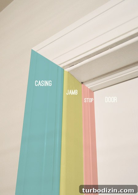 How to Hang a Door: Step-by-Step Guide for a Perfect Fit 5 Color Coded Diagram Of Part Of Door Frame | Casing | Jamb | Stop