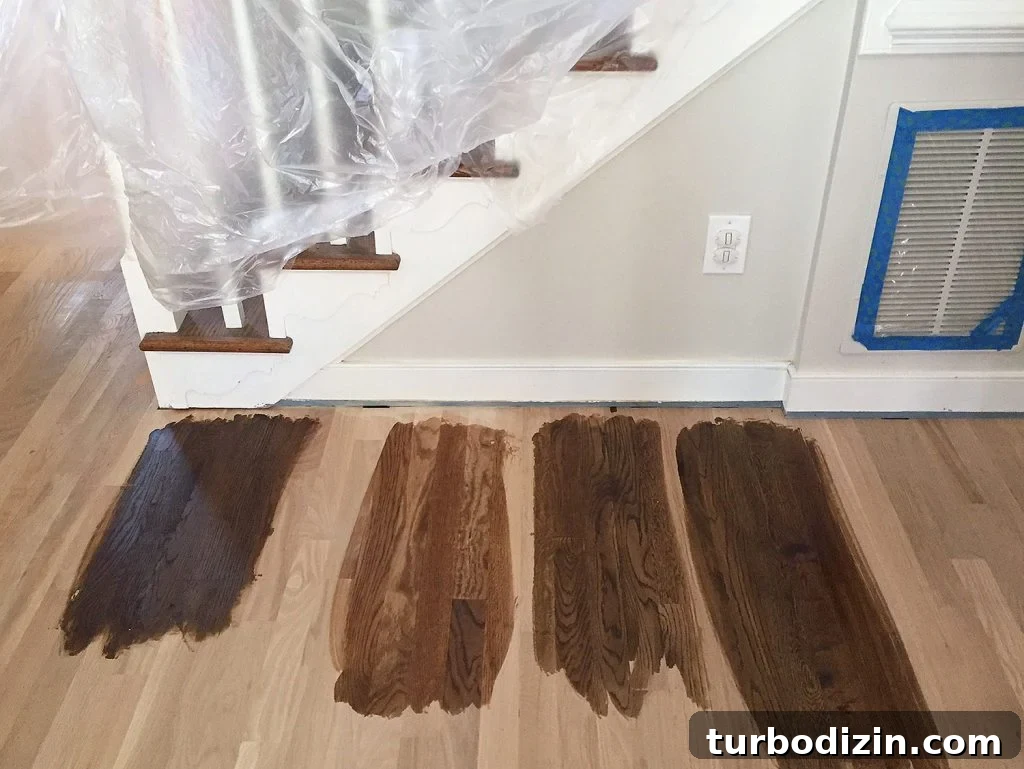 How to Refinish Hardwood Floors: Step-by-Step Guide 4 Sample Stain Colors Testing On Refinished Hardwood Floors