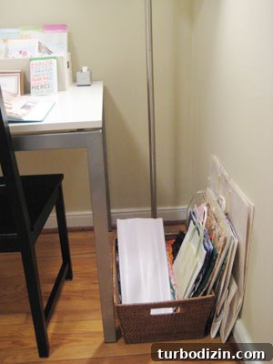 Create a Stylish Craft Space and Gift-Wrapping Station 5 Basket organized with gift bags and tissue paper