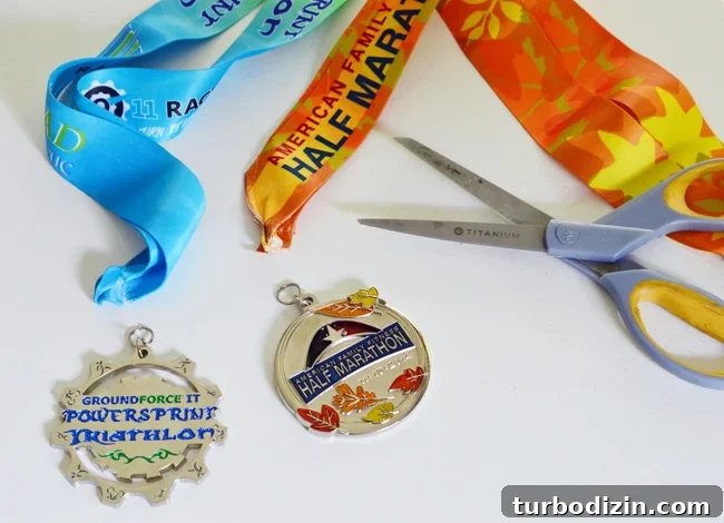 Turn Race Medals Into Unique Christmas Ornaments 5 cutting ribbons off of race medals to attach ornament ribbon