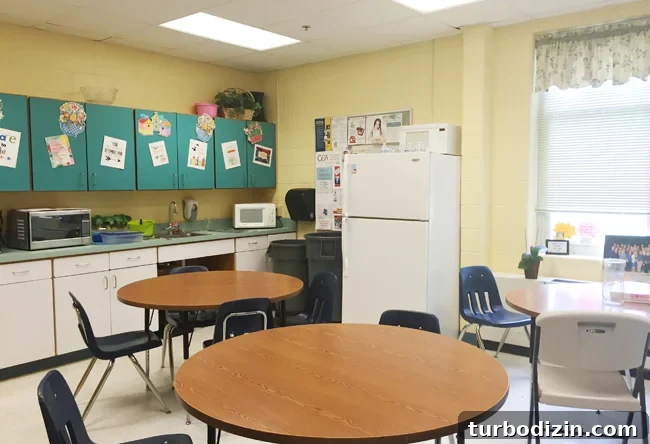 Teacher Lounge Makeover Ideas to Boost Comfort and Productivity 11 Teachers-Lounge-BEFORE-Dining-Tables