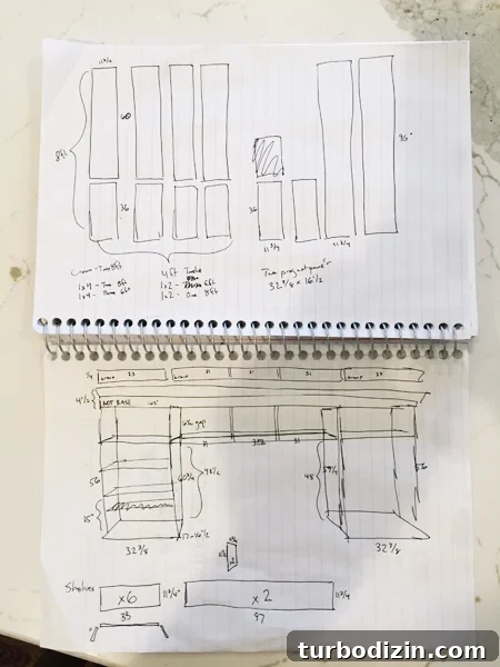 How to Build Custom Built-In Bookshelves for Your Home 6 Sketch of DIY built-in bookshelves in notebook