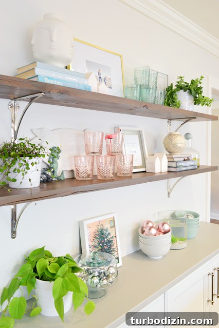Holiday Home Tour: Step Inside Our Festive Christmas Tree Display 10 xmas-decor-kitchen-shelves-ornaments