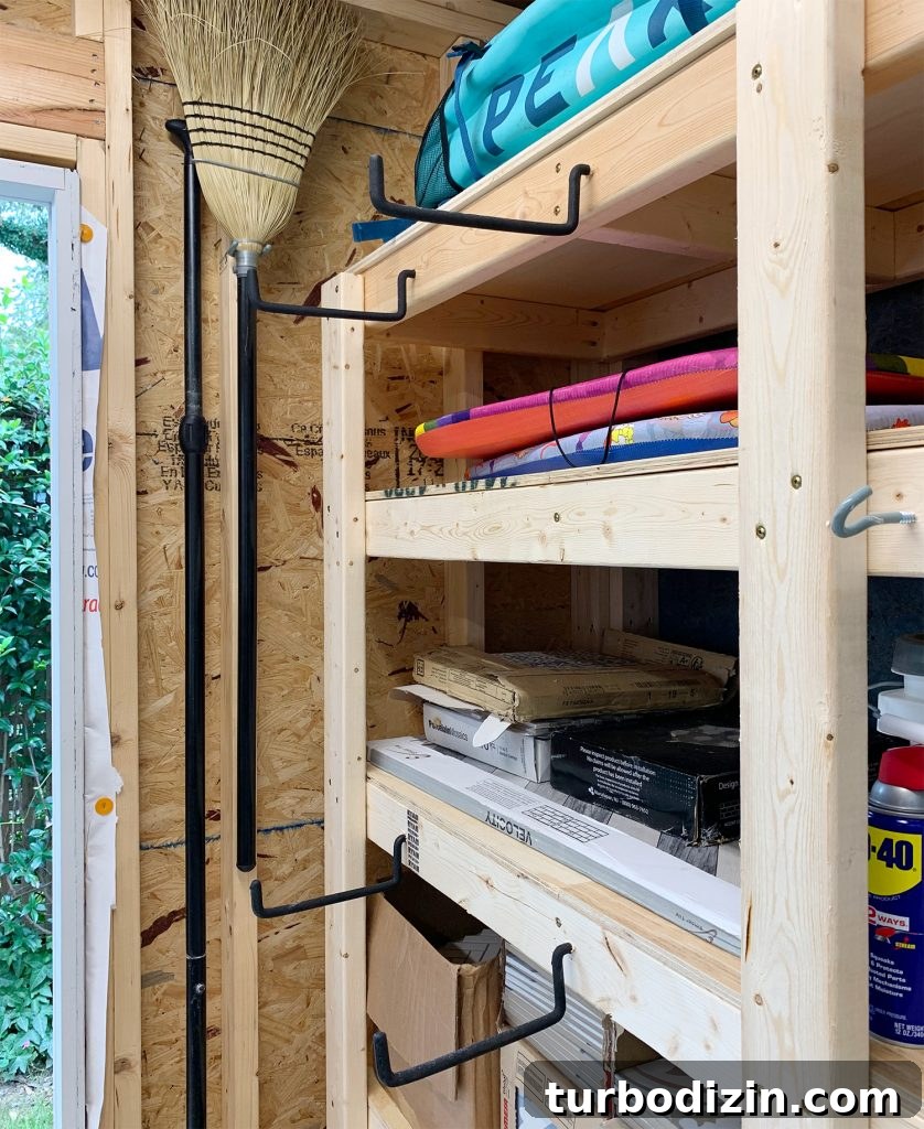 Large rubber hanging hooks on front of heavy duty shed shelves
