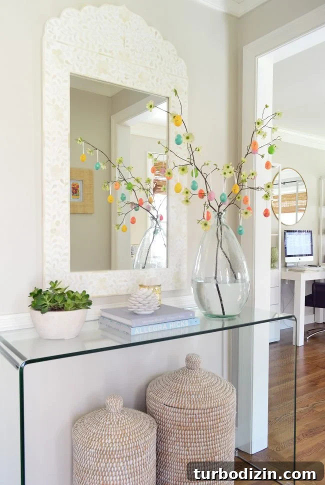 How to Make a Charming DIY Easter Egg Tree for Spring Decor 2 easy easter tree in neutral foyer