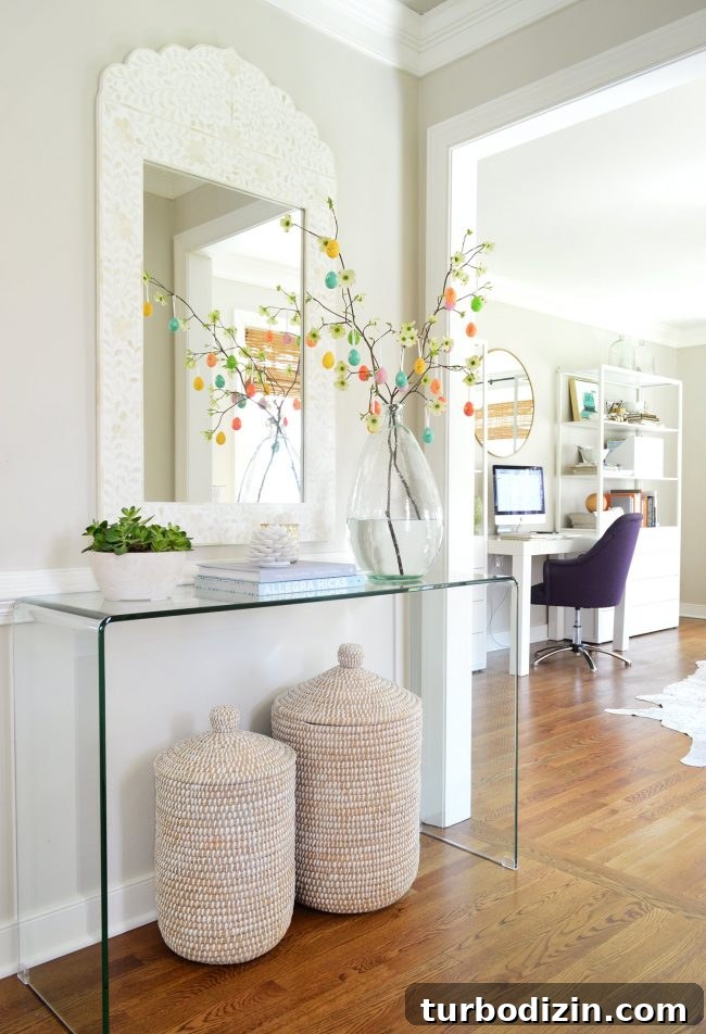 How to Make a Charming DIY Easter Egg Tree for Spring Decor 7 Easter Egg tree in foyer with acrylic console table