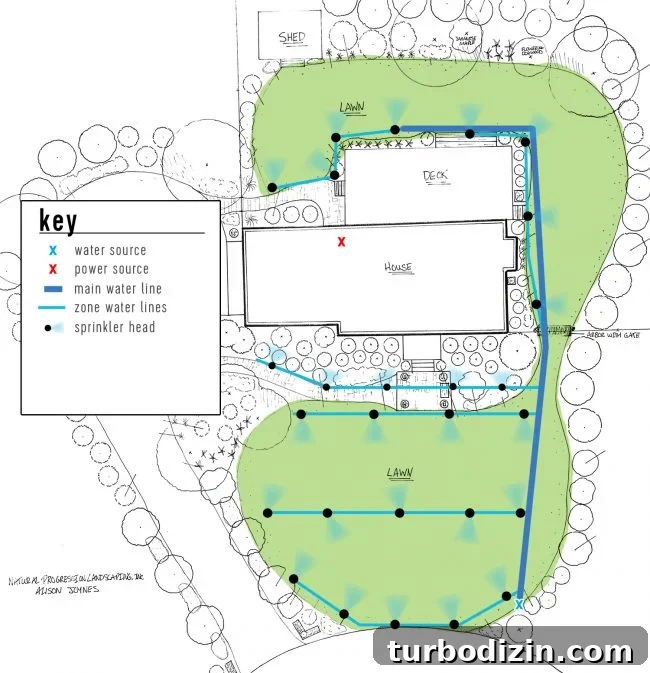 irrigation system landscape plan with key sprinkler heads