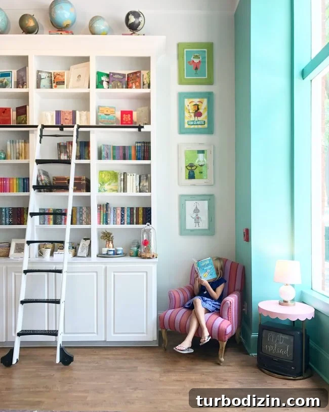 kids room ideas colorful bookcase library ladder
