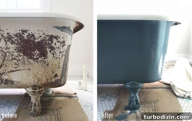 Before and after of refinished navy blue clawfoot tub