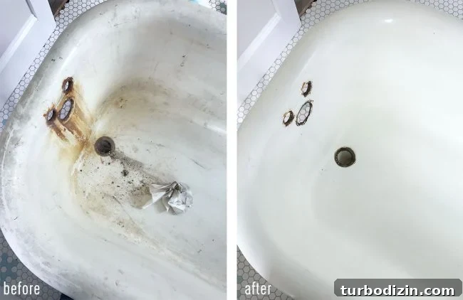 Side by side before and after of cleaned inside of antique clawfoot tub