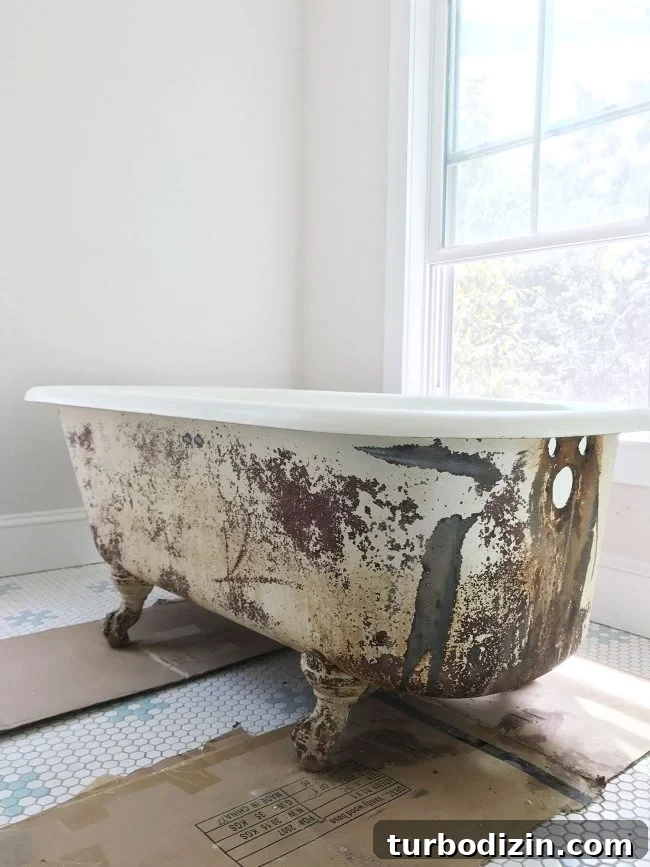 Rust removed from the outside of an old clawfoot tub