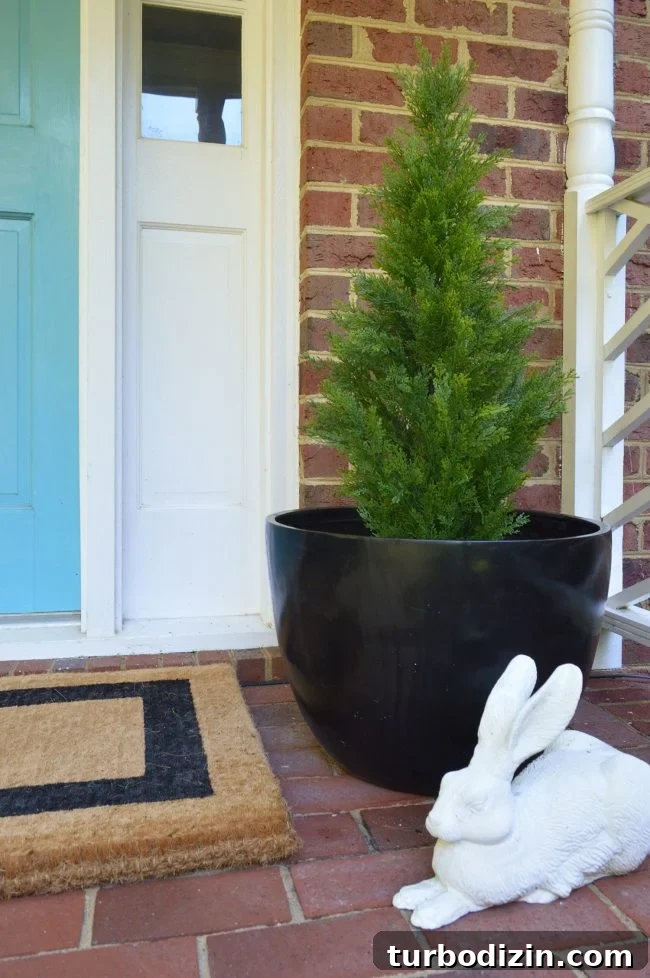 3 Quick Front Porch Updates to Boost Curb Appeal 5 Fake Plant Evergreen In Black Planter On Front Porch