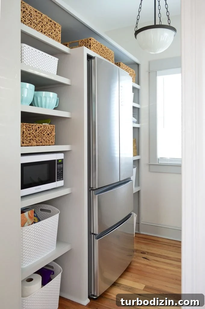 Build Custom Pantry Shelves: Step-by-Step Guide for Any Kitchen 2 DIY pantry shelves built around a refrigerator