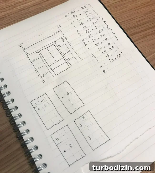 Build Custom Pantry Shelves: Step-by-Step Guide for Any Kitchen 4 notebook with sketches of pantry shelves with materials outlined
