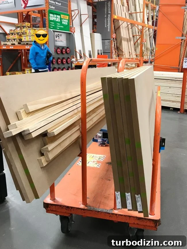 Build Custom Pantry Shelves: Step-by-Step Guide for Any Kitchen 5 cart full of MDF and wood pieces for pantry shelf project