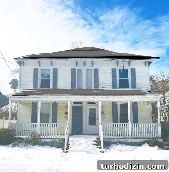 Before photo of historic home in Cape Charles Virginia in snow with roof
