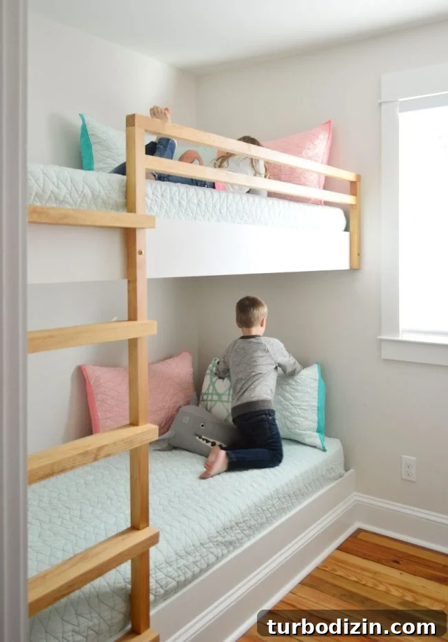 DIY Guide: Building Custom Built-In Bunk Beds for Your Home 2 built in bunk beds in a small room with children on each bed