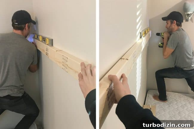 DIY Guide: Building Custom Built-In Bunk Beds for Your Home 12 John using force to drive RSS screws into 2x4
