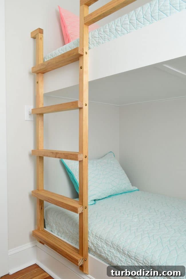 DIY Guide: Building Custom Built-In Bunk Beds for Your Home 20 stained wood ladder for wall to wall bunk beds