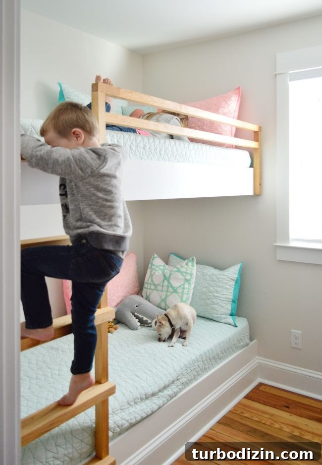 DIY Guide: Building Custom Built-In Bunk Beds for Your Home 24 diy built in wall to wall bunk beds with child climbing ladder