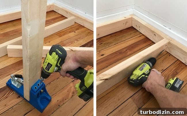 DIY Guide: Building Custom Built-In Bunk Beds for Your Home 7 drilling pocket holes using kreg jig into 2x4s