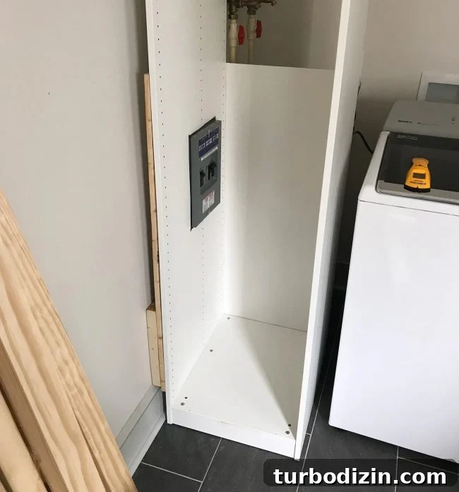 Conceal a Water Heater Using an IKEA Cabinet: Step-by-Step Guide 8 ikea pax wardrobe pressed against wall with cutouts for breaker box