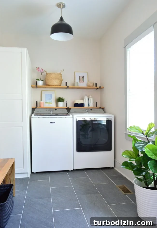 Conceal a Water Heater Using an IKEA Cabinet: Step-by-Step Guide 12 laundry room with slate floors black light fixture open wood shelves