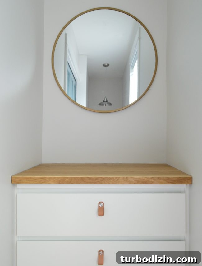 Convert an IKEA Malm into a Built-In Dresser: Step-by-Step Guide 11 Ikea Malm Dresser With Butcher Block Counter And Leather Pulls Below Round Mirror